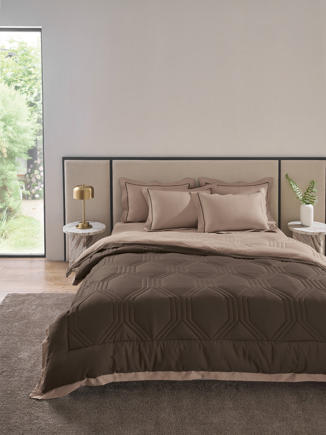 HONEYCOMB-PINE CONE - WARM TAUPE REVERSIBLE SINGLE COMFORTER