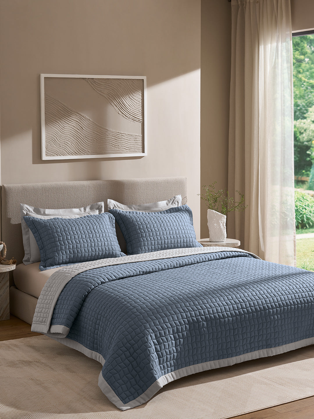 COBBLE-FADED DENIM AND ALLOY DOUBLE QUILTED BED SPREAD