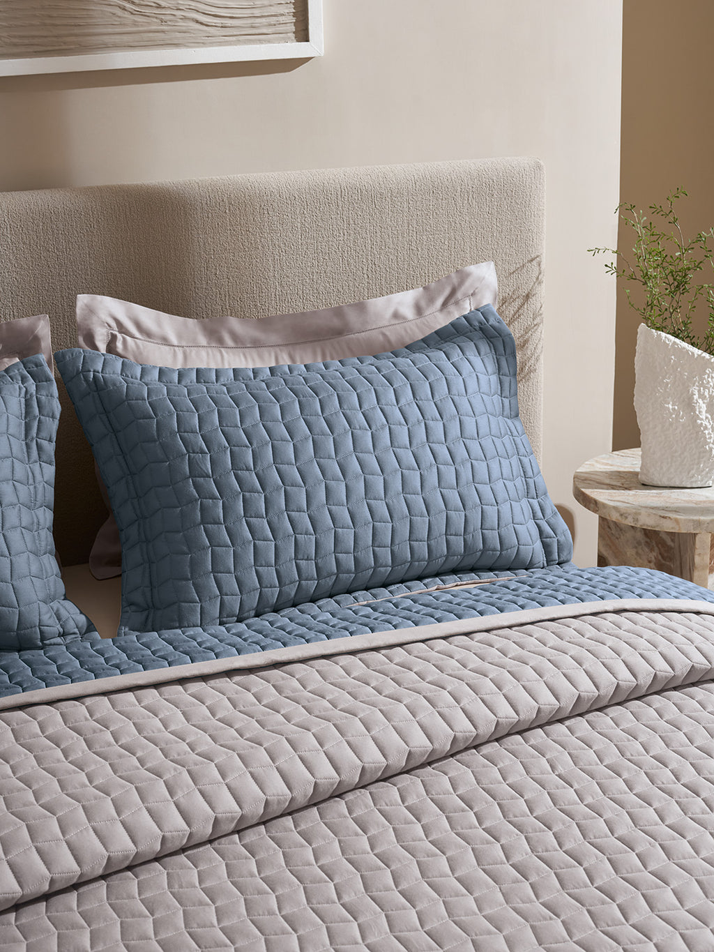 COBBLE-FADED DENIM AND ALLOY DOUBLE QUILTED BED SPREAD