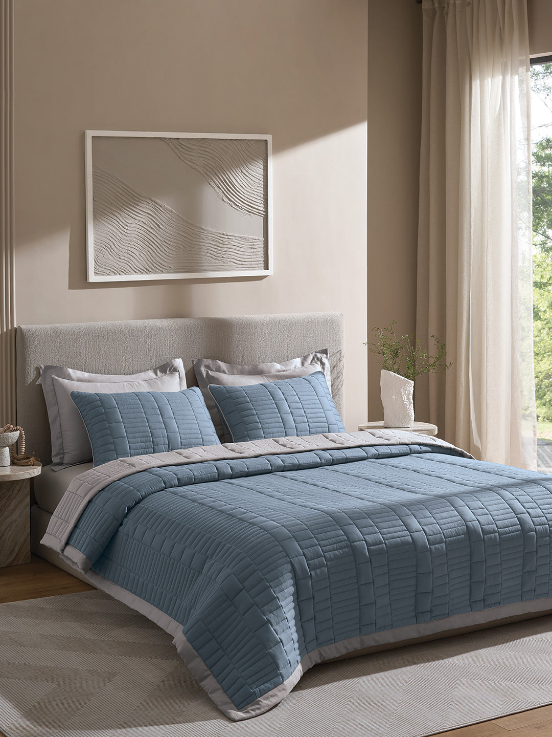 CASTLE-FADED DENIM AND ALLOY DOUBLE QUILTED BED SPREAD
