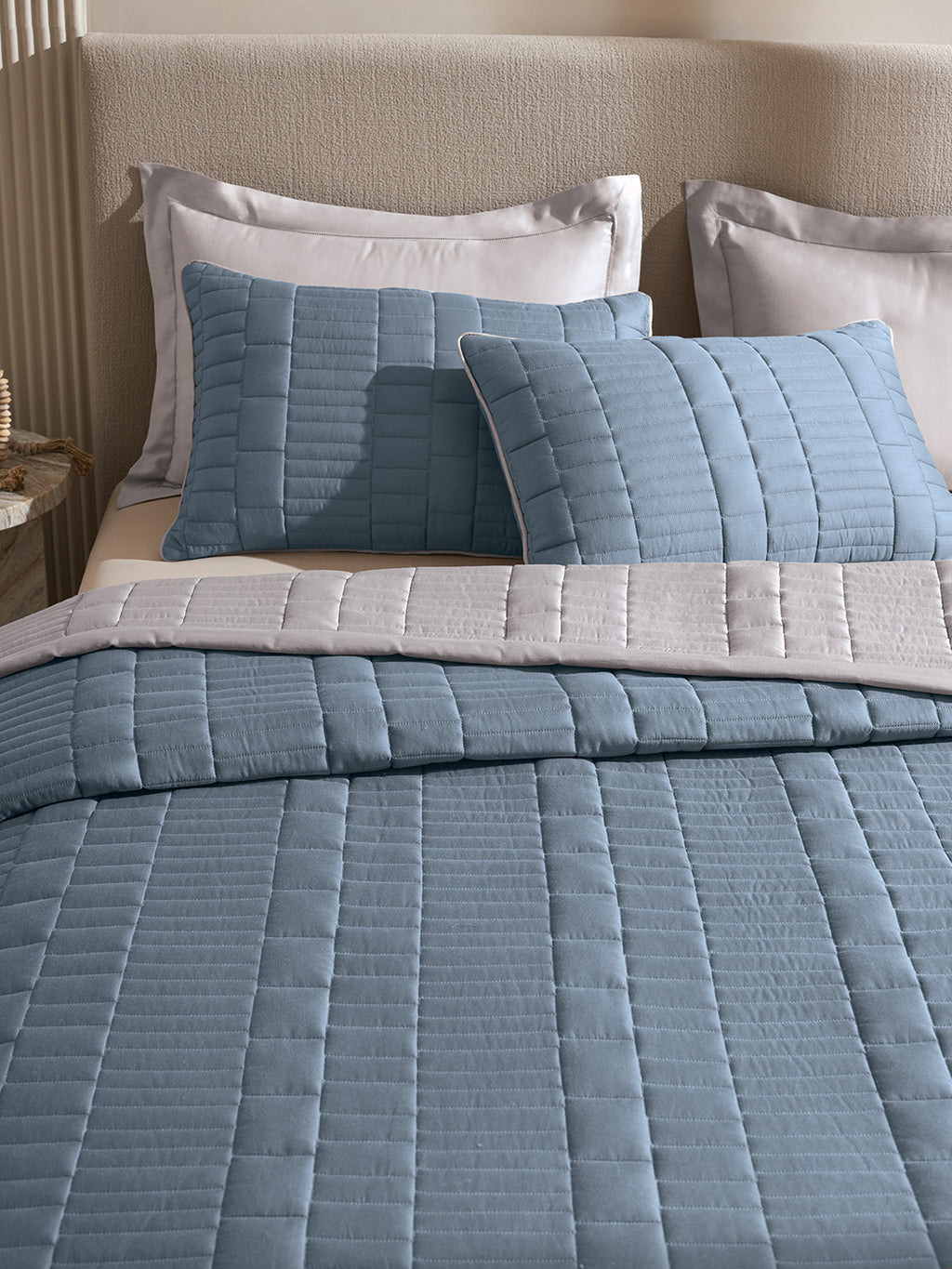 CASTLE-FADED DENIM AND ALLOY DOUBLE QUILTED BED SPREAD