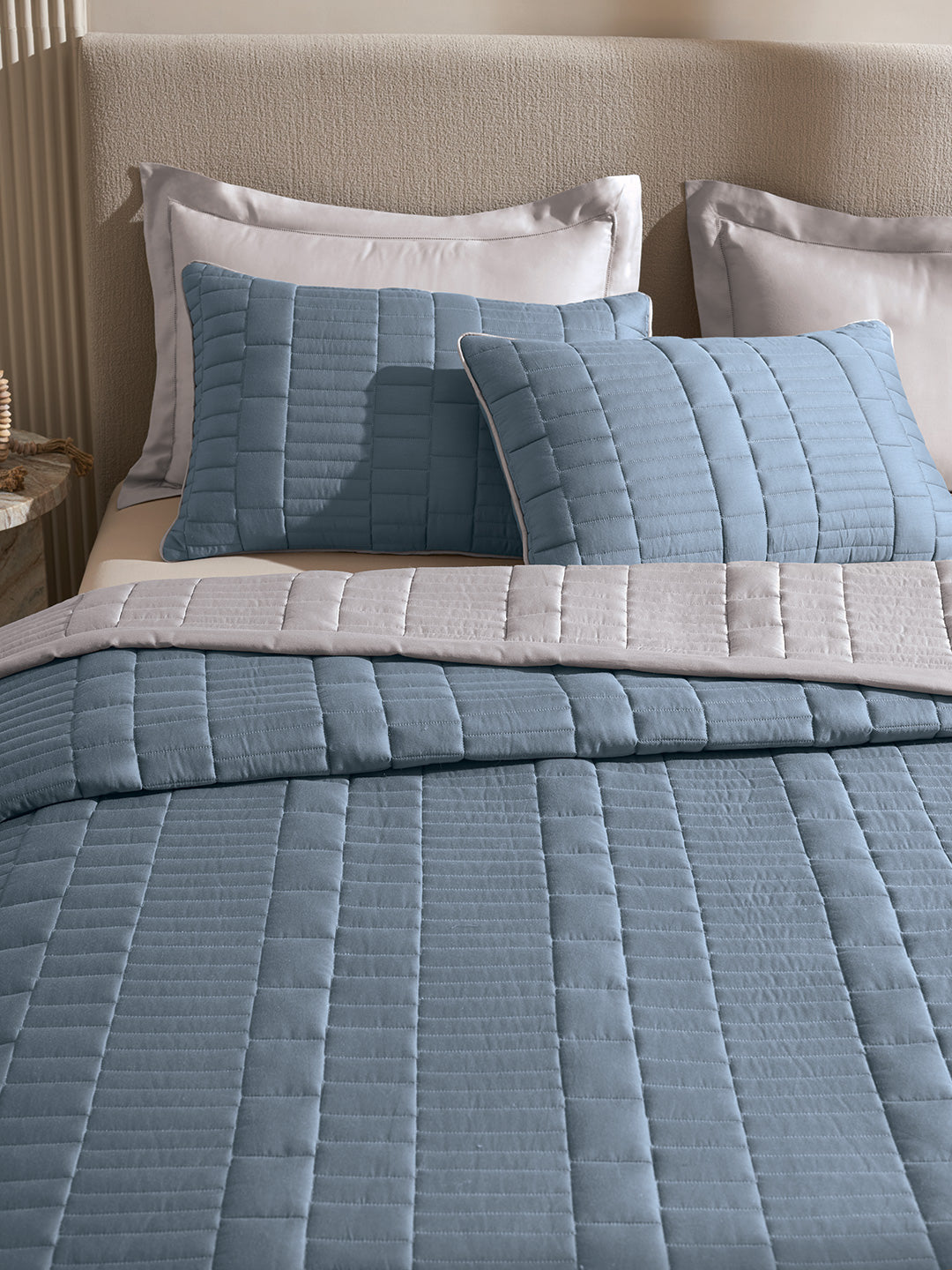 CASTLE-FADED DENIM AND ALLOY DOUBLE QUILTED BED SPREAD