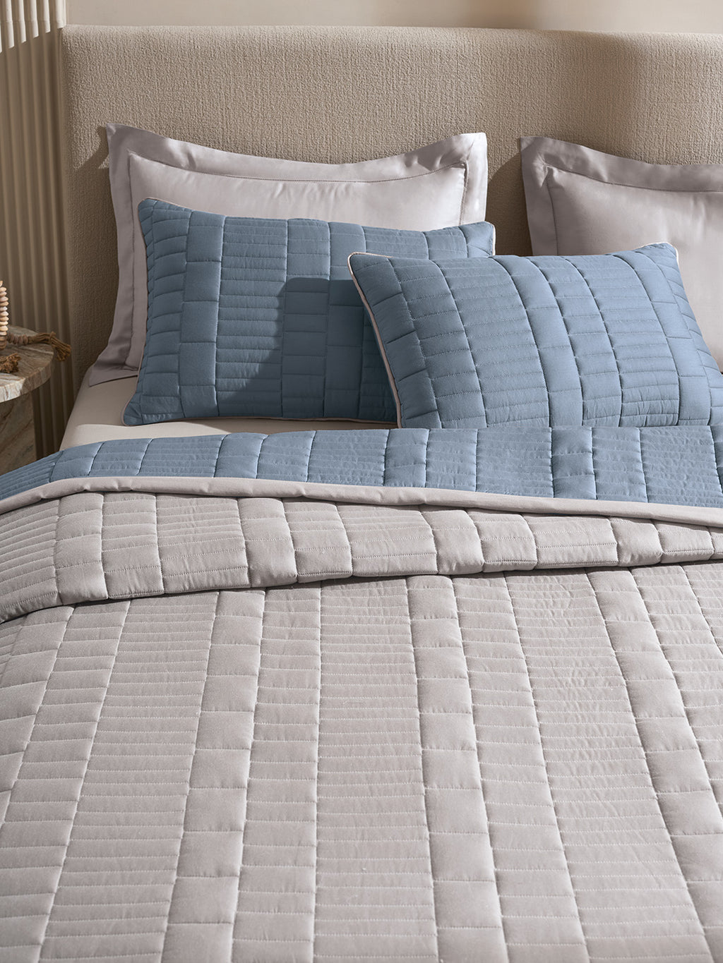 CASTLE-FADED DENIM AND ALLOY DOUBLE QUILTED BED SPREAD