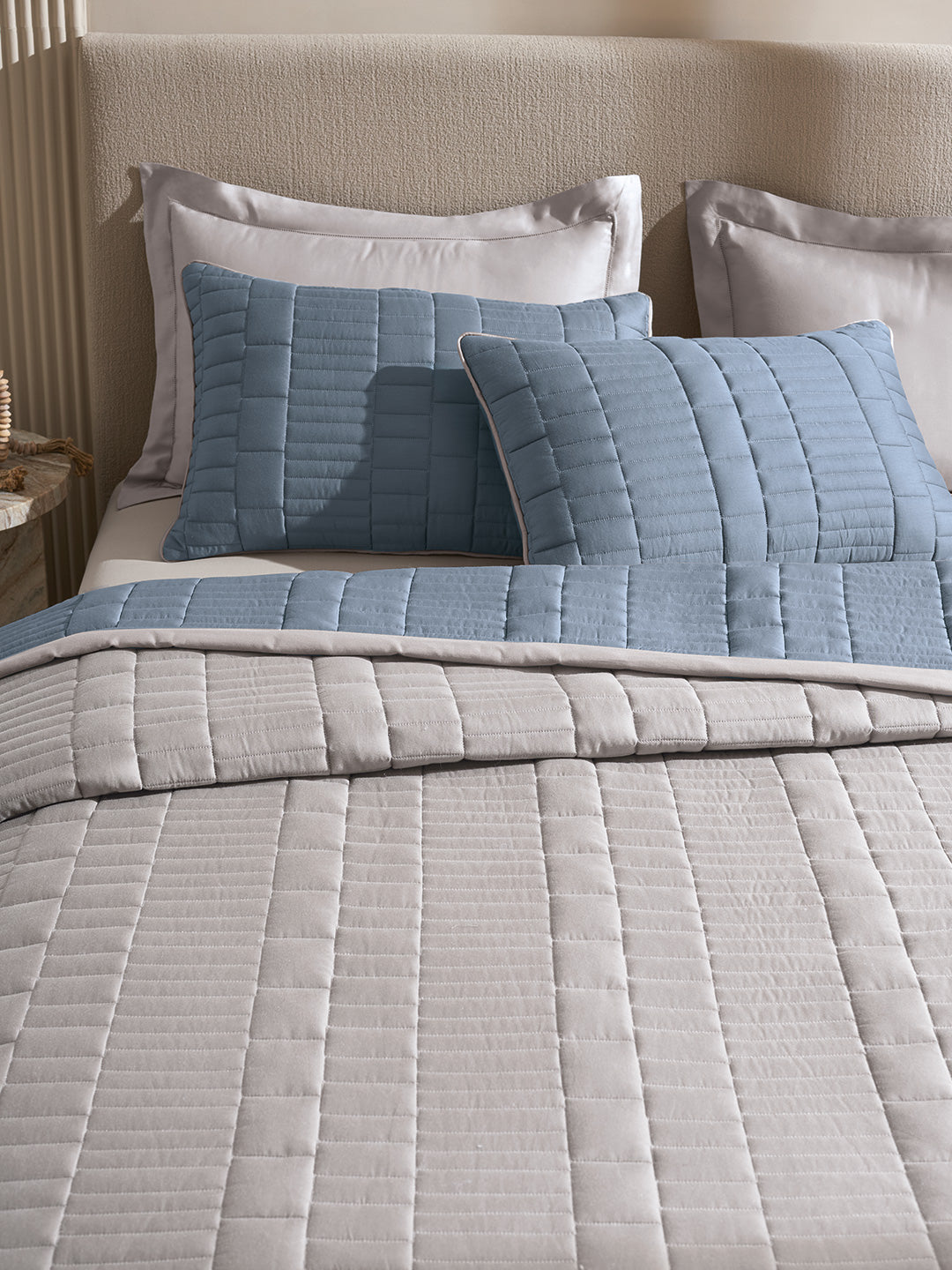 CASTLE-FADED DENIM AND ALLOY DOUBLE QUILTED BED SPREAD