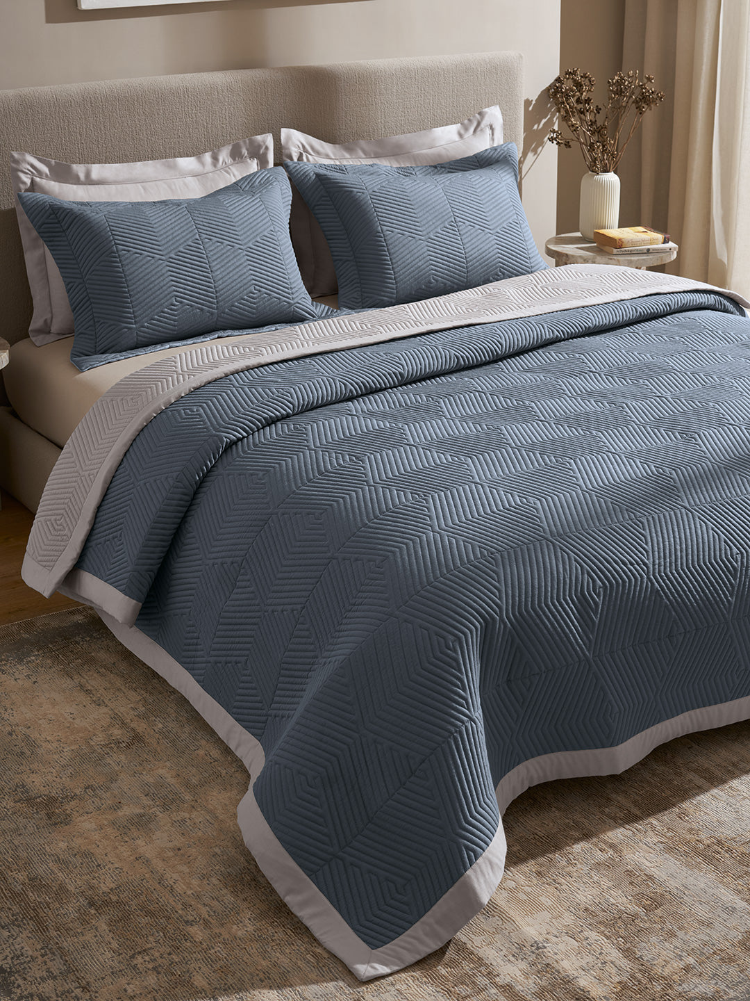 STRATA-FADED DENIM AND ALLOY DOUBLE QUILTED BED SPREAD