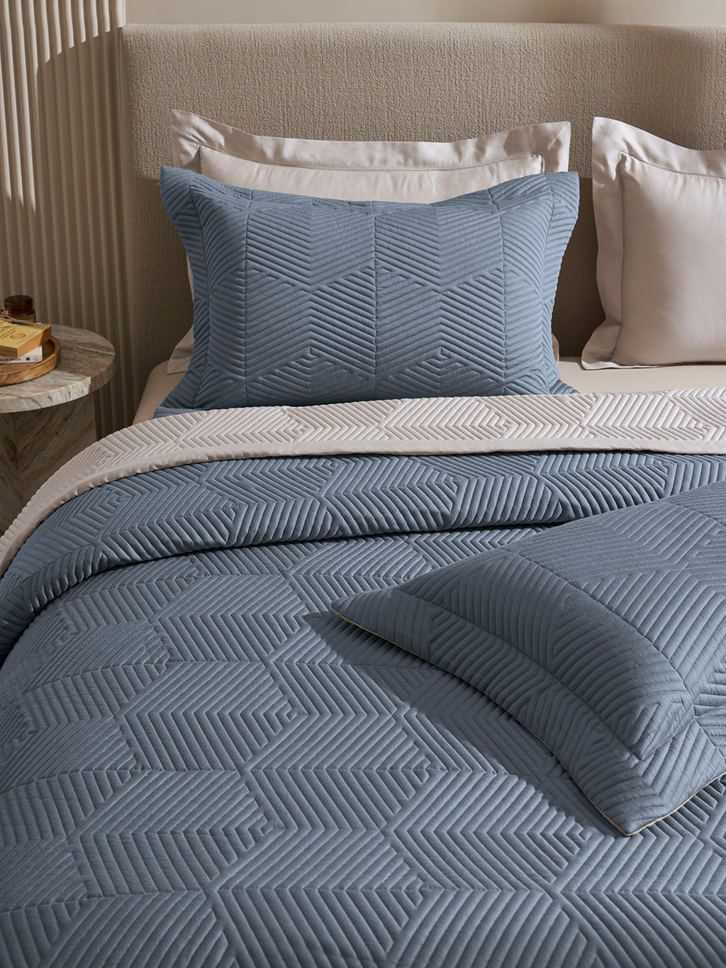STRATA-FADED DENIM AND ALLOY DOUBLE QUILTED BED SPREAD