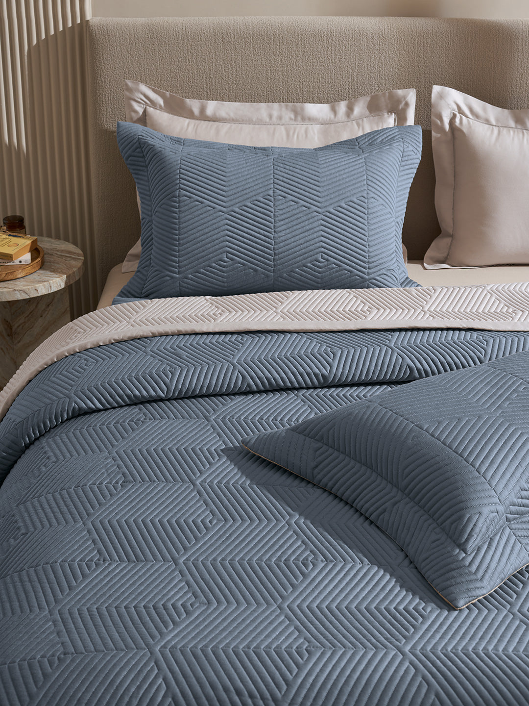 STRATA-FADED DENIM AND ALLOY DOUBLE QUILTED BED SPREAD
