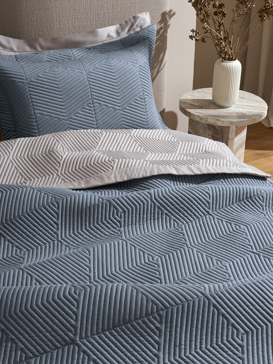 STRATA-FADED DENIM AND ALLOY DOUBLE QUILTED BED SPREAD