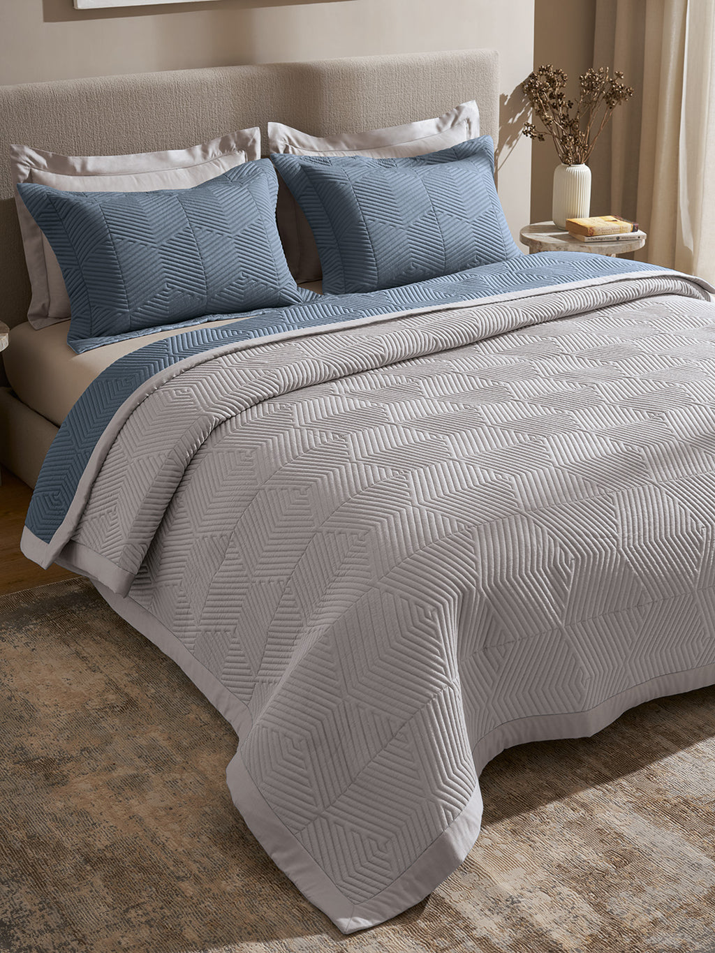 STRATA-FADED DENIM AND ALLOY DOUBLE QUILTED BED SPREAD