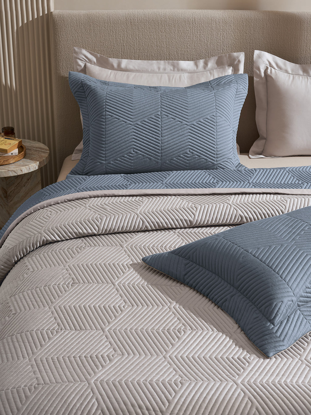STRATA-FADED DENIM AND ALLOY DOUBLE QUILTED BED SPREAD