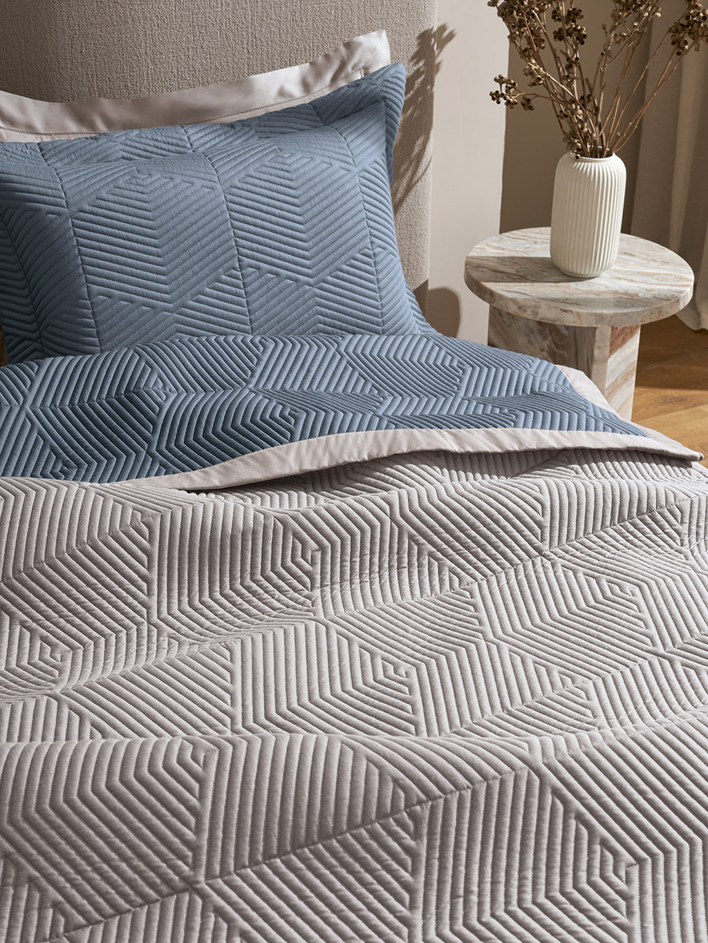 STRATA-FADED DENIM AND ALLOY DOUBLE QUILTED BED SPREAD